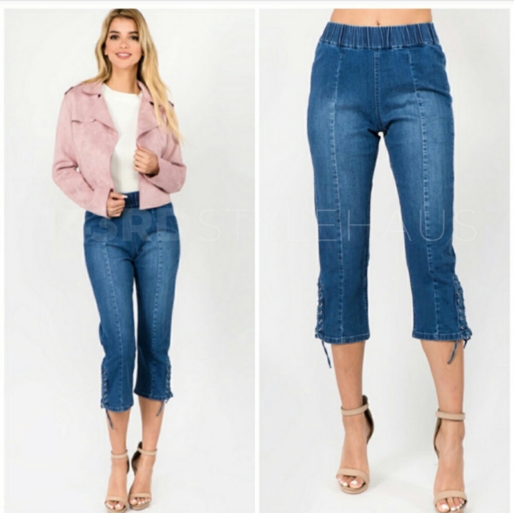 Denim Cropped Lace up Jeans